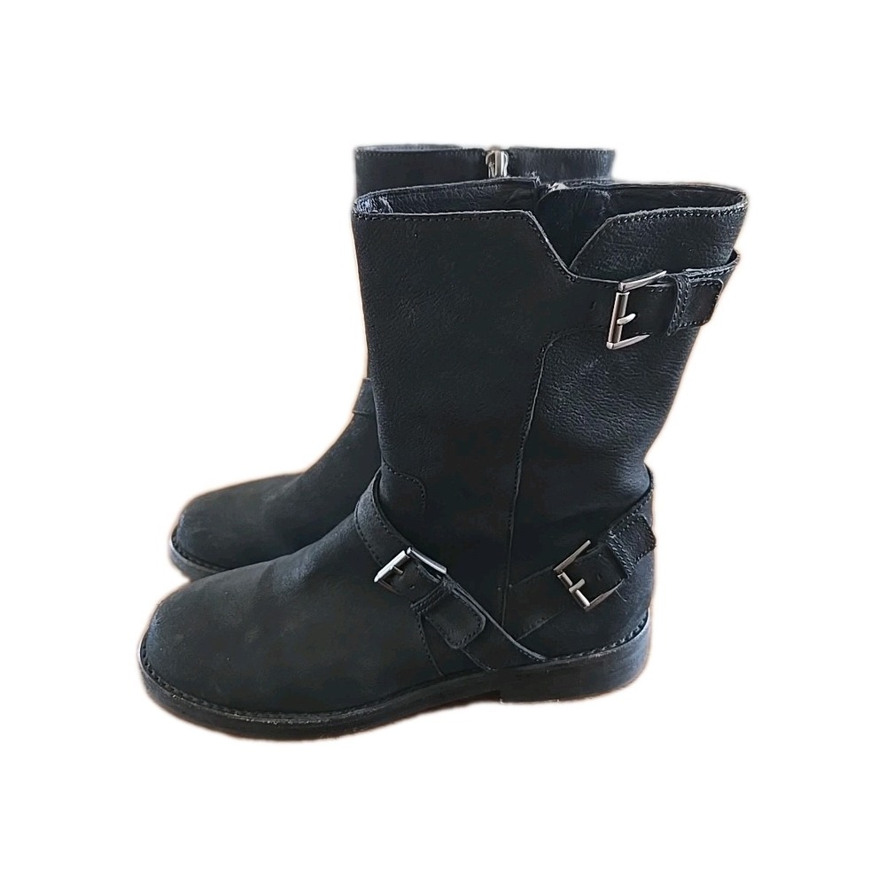 EILEEN FISHER Nubuck FATE Leather Boots W/ Buckles Mid Calf Black Size 7 EUC